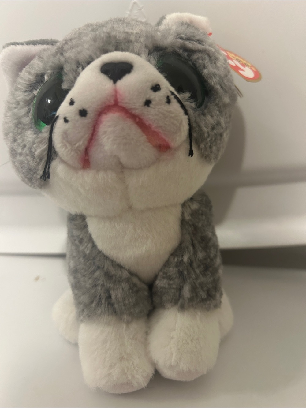 Ty Grey & White Plush Cat with Sparkly Green Eyes